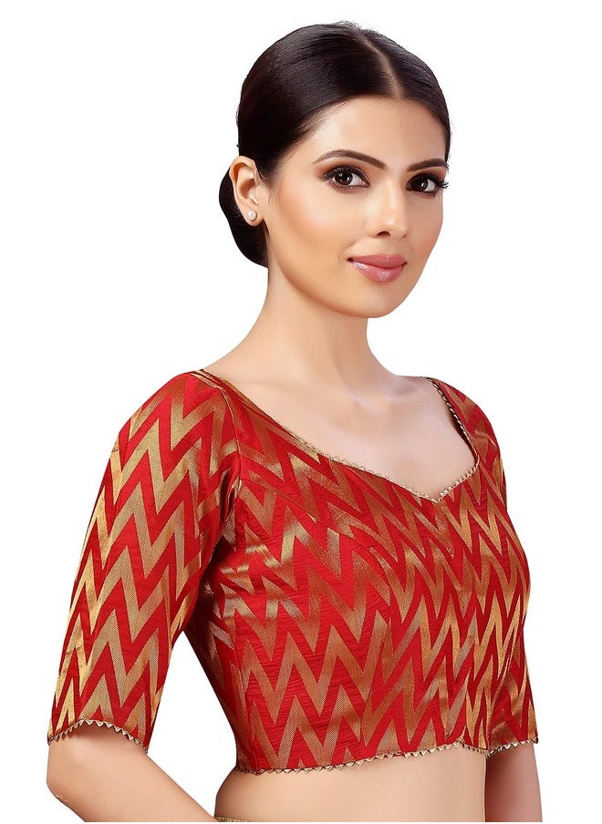 Studio Shringaar Women's Readymade Wave Design Banaras Brocade Saree Blouse with Elbow Length Sleeves (Red,46)