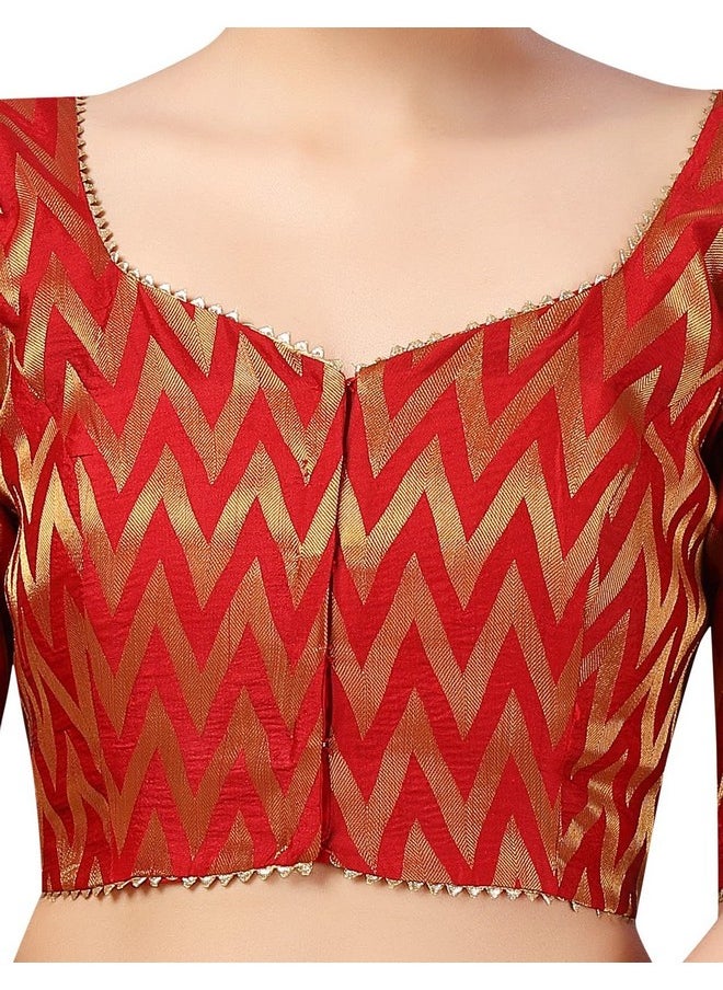 Studio Shringaar Women's Readymade Wave Design Banaras Brocade Saree Blouse with Elbow Length Sleeves (Red,46)