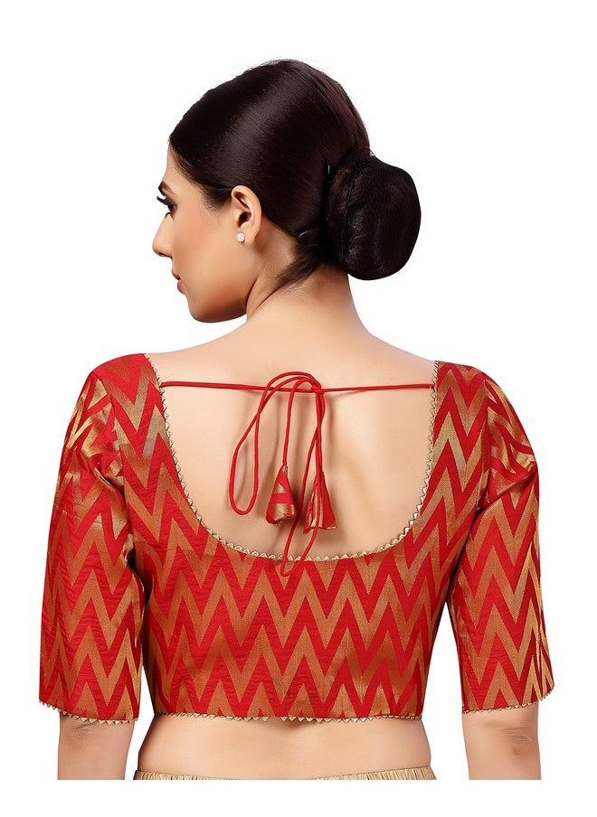 Studio Shringaar Women's Readymade Wave Design Banaras Brocade Saree Blouse with Elbow Length Sleeves (Red,46)