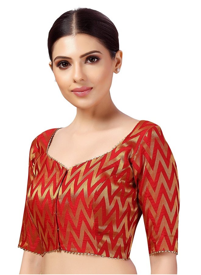 Studio Shringaar Women's Readymade Wave Design Banaras Brocade Saree Blouse with Elbow Length Sleeves (Red,46)