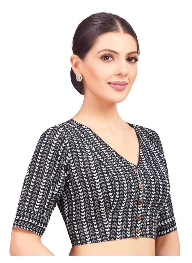 Studio Shringaar Women's Black & White Cotton Printed Saree Blouse with Elbow Length Sleeves (Black, 38)