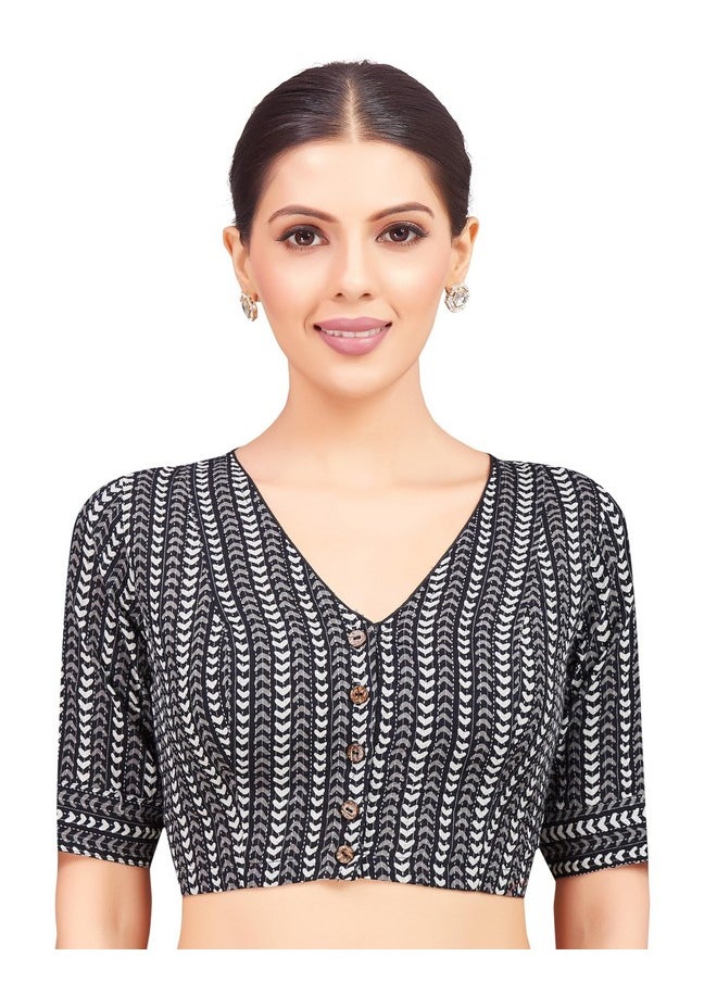 Studio Shringaar Women's Black & White Cotton Printed Saree Blouse with Elbow Length Sleeves (Black, 38)