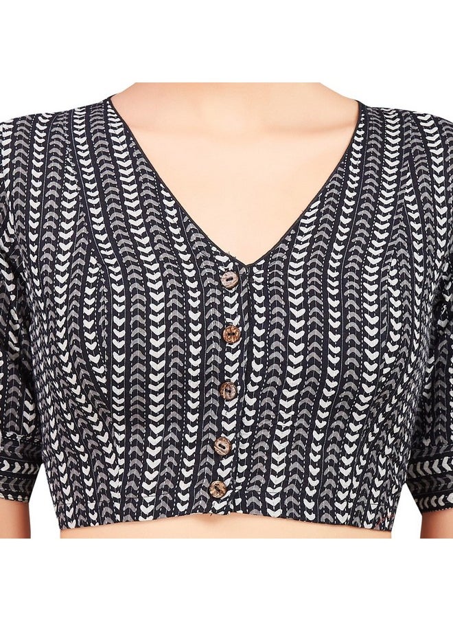 Studio Shringaar Women's Black & White Cotton Printed Saree Blouse with Elbow Length Sleeves (Black, 38)