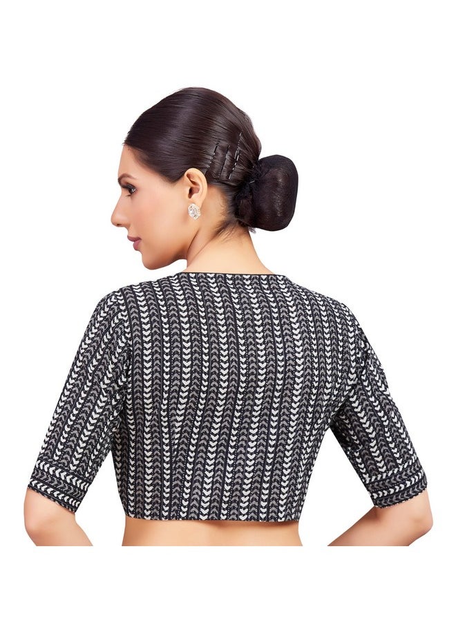 Studio Shringaar Women's Black & White Cotton Printed Saree Blouse with Elbow Length Sleeves (Black, 38)