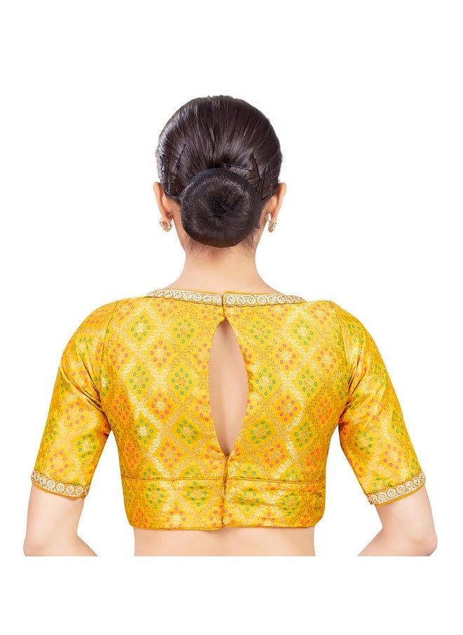 Studio Shringaar Women's Brocade Elbow Length Sleeves Readymade Embroidered Saree Blouse (Yellow, 34)