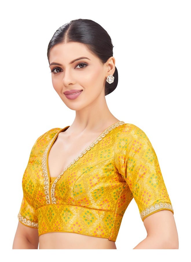 Studio Shringaar Women's Brocade Elbow Length Sleeves Readymade Embroidered Saree Blouse (Yellow, 34)