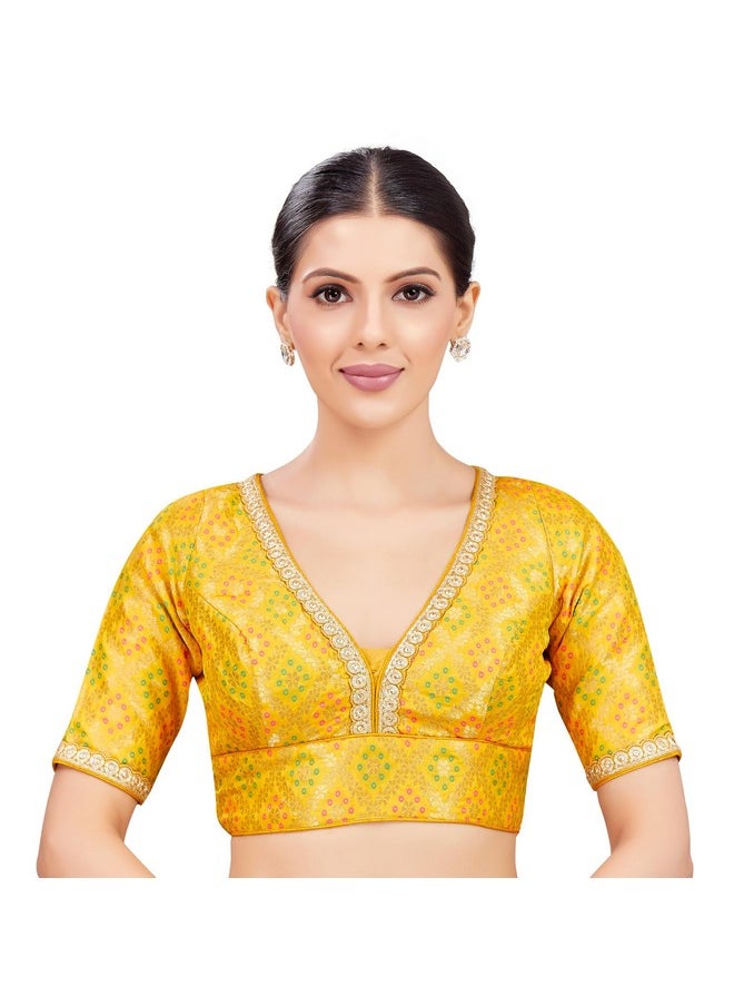 Studio Shringaar Women's Brocade Elbow Length Sleeves Readymade Embroidered Saree Blouse (Yellow, 34)