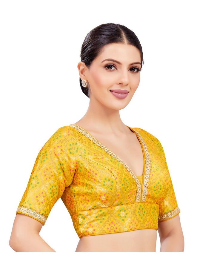 Studio Shringaar Women's Brocade Elbow Length Sleeves Readymade Embroidered Saree Blouse (Yellow, 34)