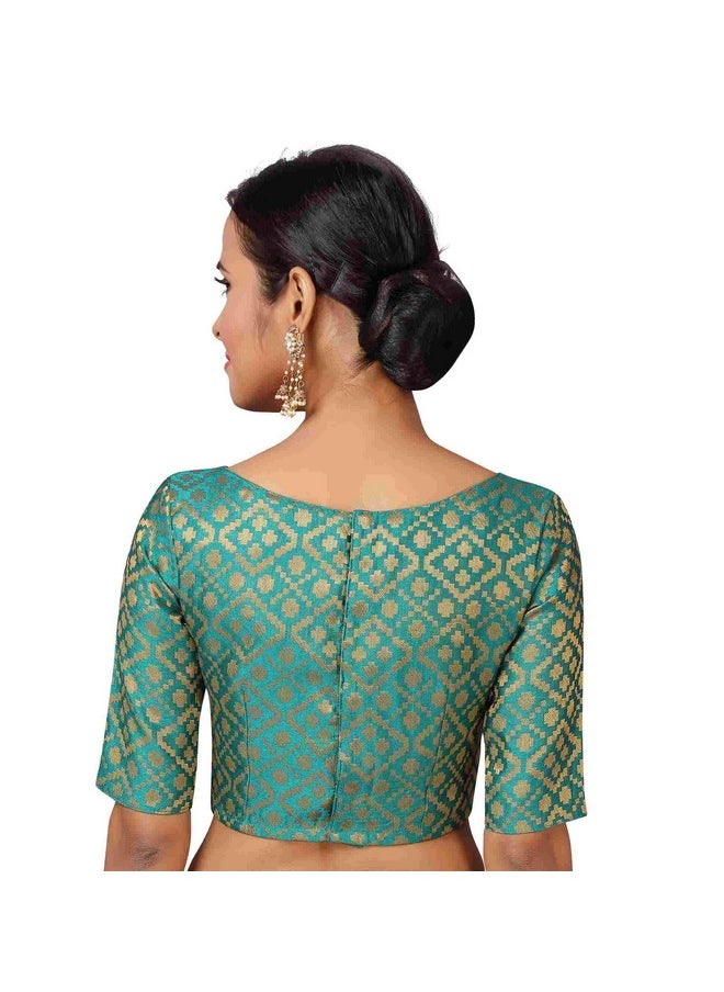 Studio Shringaar Women's Readymade Brocade Elbow Length Sleeves Saree Blouse (Rama Green, 38)