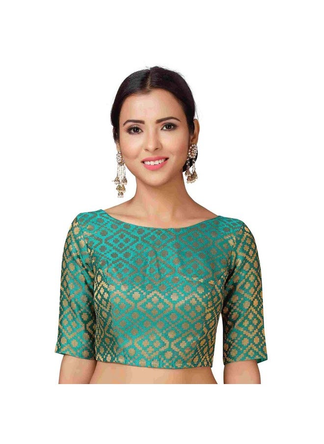 Studio Shringaar Women's Readymade Brocade Elbow Length Sleeves Saree Blouse (Rama Green, 38)