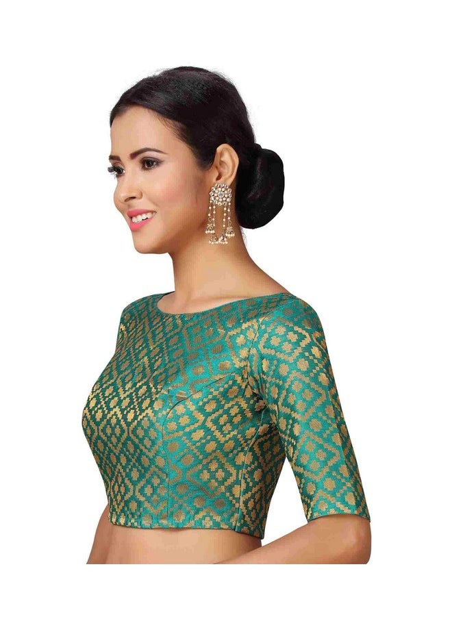 Studio Shringaar Women's Readymade Brocade Elbow Length Sleeves Saree Blouse (Rama Green, 38)