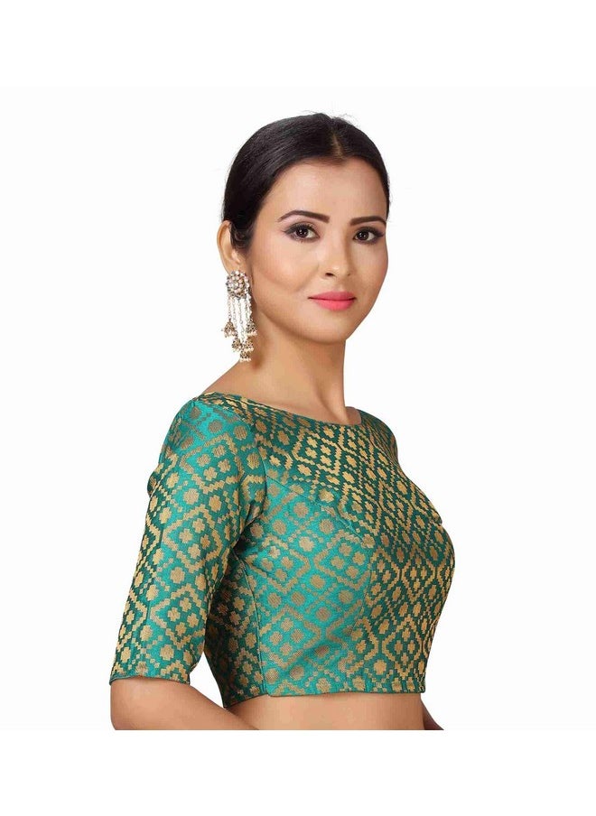 Studio Shringaar Women's Readymade Brocade Elbow Length Sleeves Saree Blouse (Rama Green, 38)