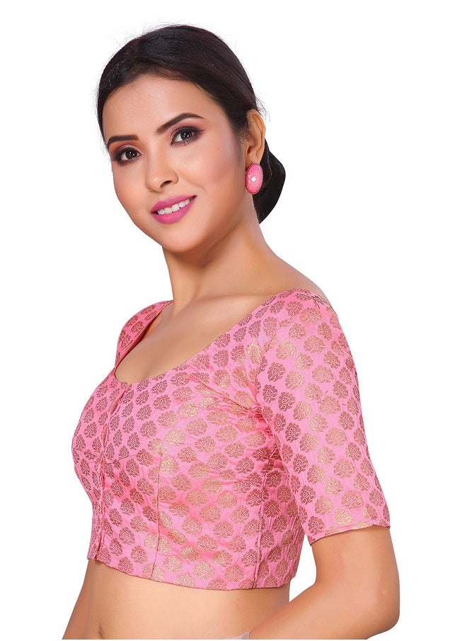 Studio Shringaar Women's Readymade Brocade Short Sleeves Saree Blouse (Light Pink,38)