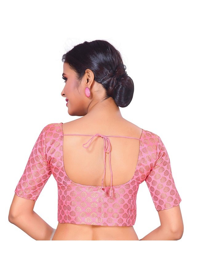 Studio Shringaar Women's Readymade Brocade Short Sleeves Saree Blouse (Light Pink,38)