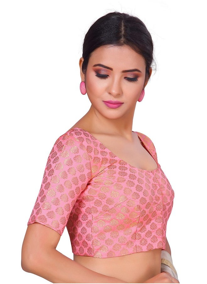 Studio Shringaar Women's Readymade Brocade Short Sleeves Saree Blouse (Light Pink,38)