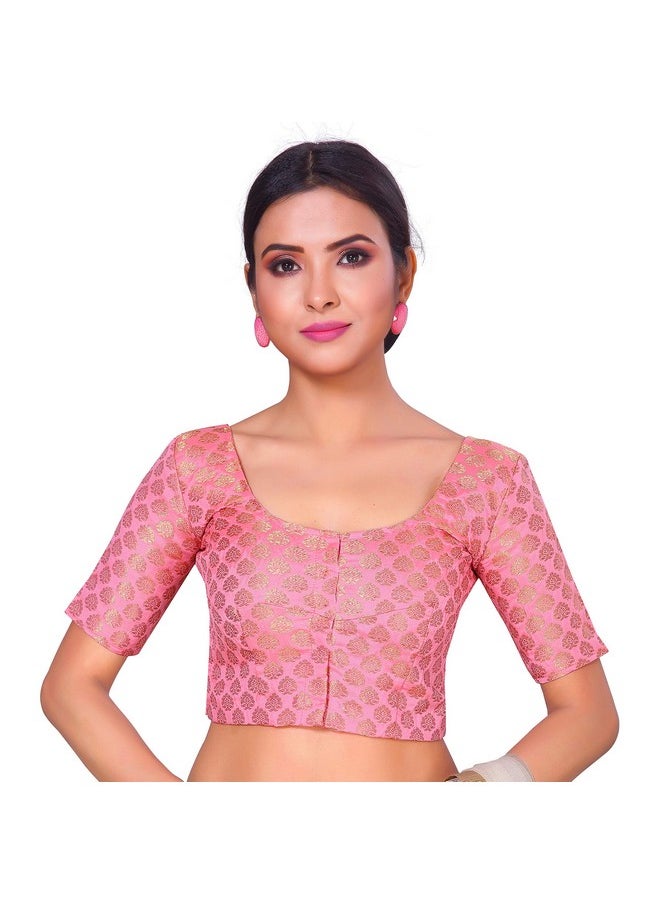 Studio Shringaar Women's Readymade Brocade Short Sleeves Saree Blouse (Light Pink,38)
