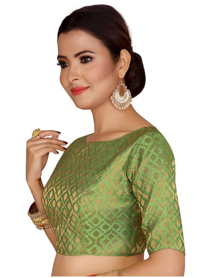Studio Shringaar Women's Readymade Brocade Elbow Length Sleeves Saree Blouse (Green, 42)