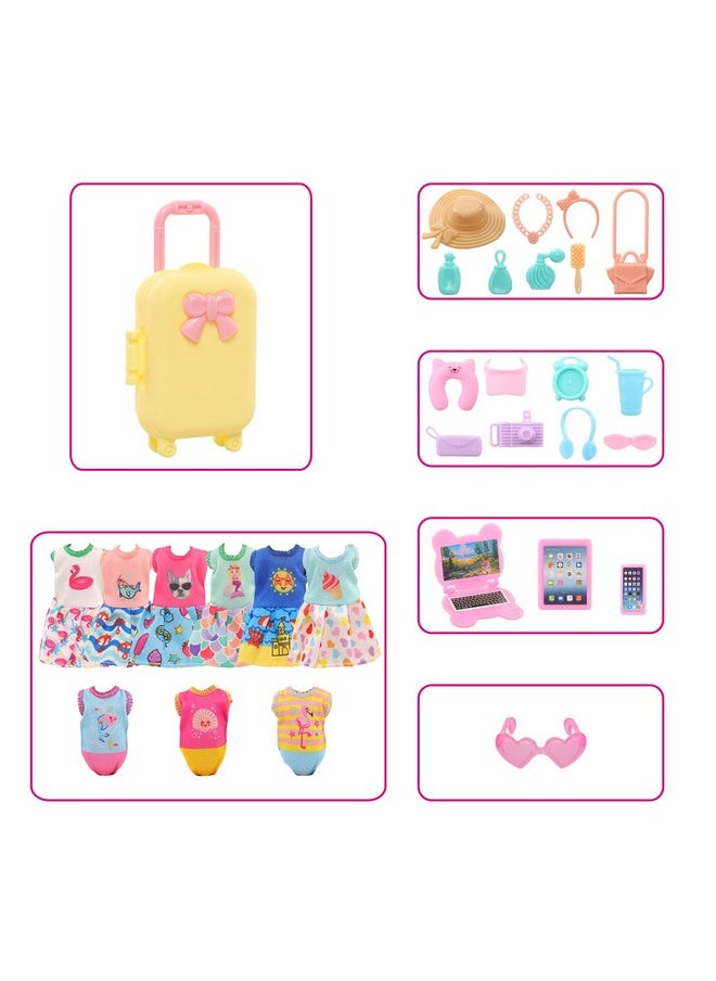 Miunana 27 Pcs Doll Suitcase Luggage Travel Clothes and Accessories for 6 inch Dolls , Including 1 Suitcase 6 Clothes 1 Glasses 19 Travel Accessories