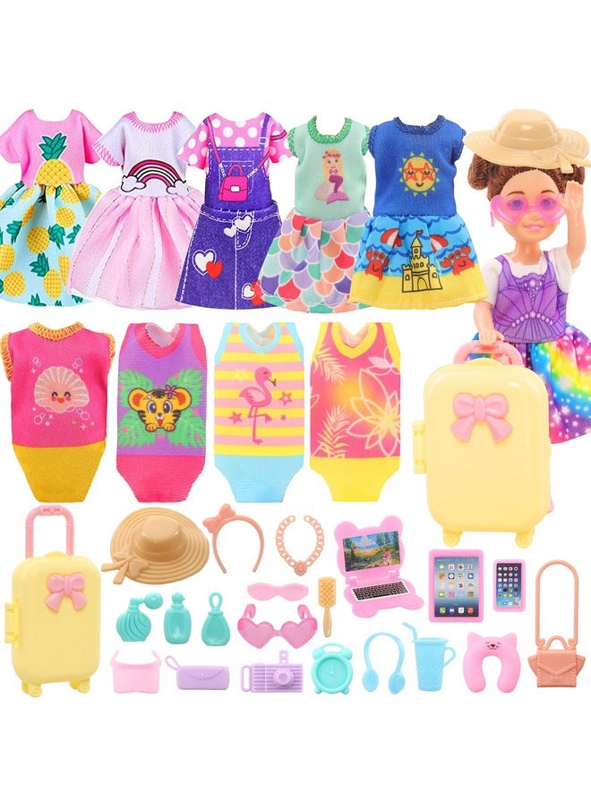 Miunana 27 Pcs Doll Suitcase Luggage Travel Clothes and Accessories for 6 inch Dolls , Including 1 Suitcase 6 Clothes 1 Glasses 19 Travel Accessories