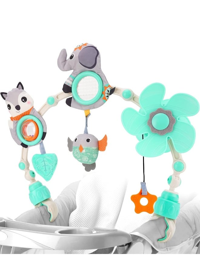 Arch Bassinet Toys for Infant  Toddlers, Activity Pram Arch with Animal Rattle Toys, Windmill, Teether and Music, Baby Stroll Stroller Arch Toy Fit Most Strollers Prams