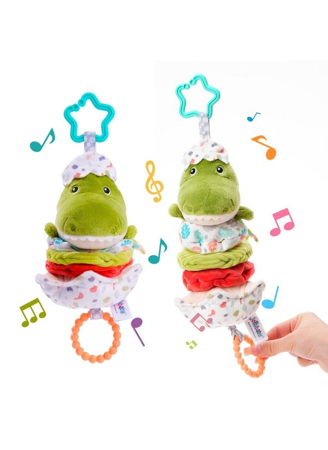 Jollybaby Baby Musical Pull String Hanging Toy for Stroller Car Seat Crib Play Gym, Plush Stuffed Dinasour Toy for Carseat with Music Teether Crinkle Paper, Sensory Toy for 0-6-12-18 Months Baby Gift