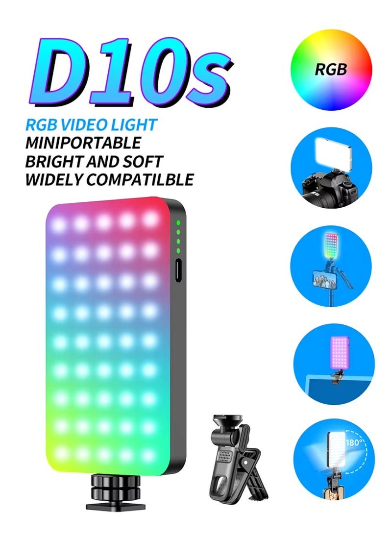 D10S 129 LED RGB Video Light – 360° Full Color Portable LED Camera Light with 3000mAh Rechargeable Battery, CRI 95+, 2500K–9000K Adjustable Mini Pocket Fill Light with Type-C Charging for Photography & Video