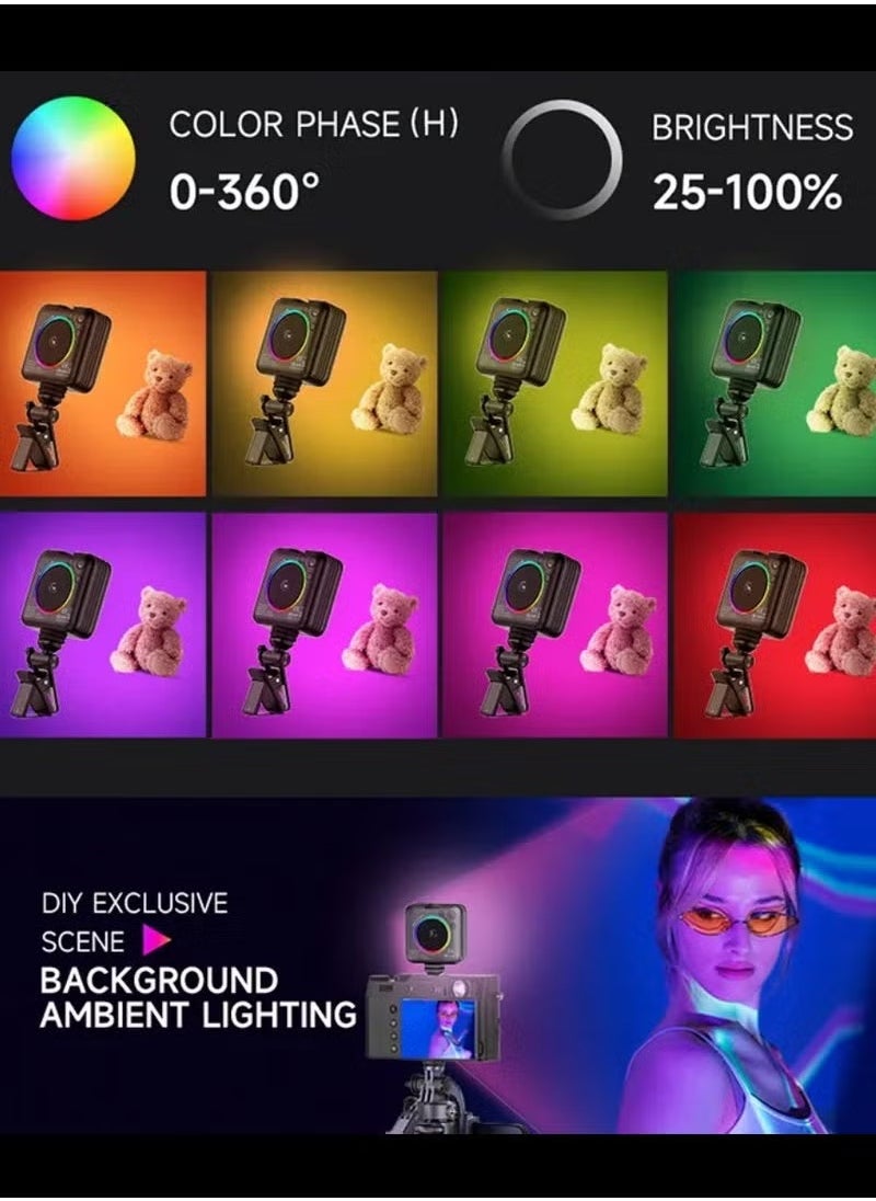 D12S 108 LED RGB Video Light – 360° Full Color Portable Photography Lighting, 8 Lighting Effects, 2500-9000K Adjustable Temperature, CRI 95+, Type-C Charging, 2000mAh Rechargeable Battery – 3 Modes for On-Camera & Creative Lighting