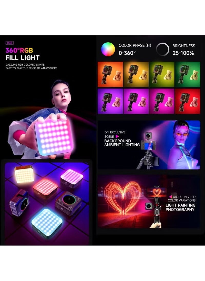 D12S 108 LED RGB Video Light – 360° Full Color Portable Photography Lighting, 8 Lighting Effects, 2500-9000K Adjustable Temperature, CRI 95+, Type-C Charging, 2000mAh Rechargeable Battery – 3 Modes for On-Camera & Creative Lighting