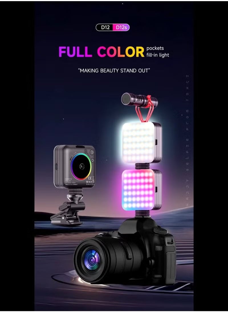 D12S 108 LED RGB Video Light – 360° Full Color Portable Photography Lighting, 8 Lighting Effects, 2500-9000K Adjustable Temperature, CRI 95+, Type-C Charging, 2000mAh Rechargeable Battery – 3 Modes for On-Camera & Creative Lighting