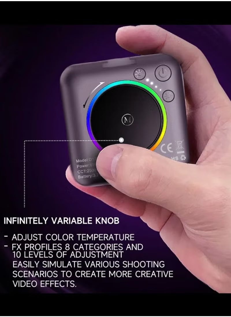 D12S 108 LED RGB Video Light – 360° Full Color Portable Photography Lighting, 8 Lighting Effects, 2500-9000K Adjustable Temperature, CRI 95+, Type-C Charging, 2000mAh Rechargeable Battery – 3 Modes for On-Camera & Creative Lighting