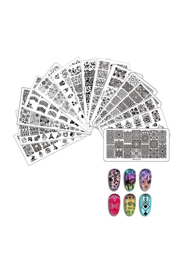 LiBiuty 15Pcs nail Art Templates Stamping Plate Geometry Lace Flower Animal Fruit Holiday Pattern Plates DIY Nail Art Set with Clear Stamper Scraper