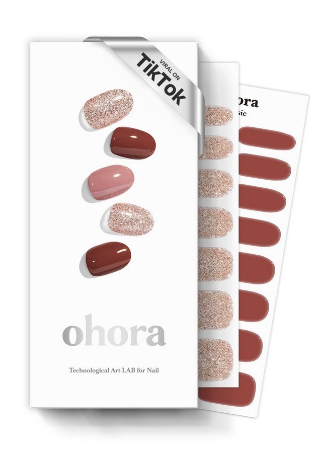 ohora Semi Cured Gel Nail Strips (N Heimish) - Brown, Glitter, Works with Any UV/LED Nail Lamps, Salon-Quality, Long Lasting, Easy to Apply & Remove - Includes 2 Prep Pads, Nail File & Wooden Stick