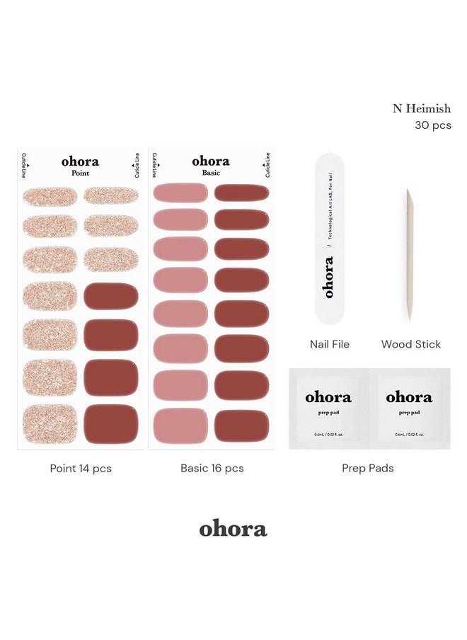ohora Semi Cured Gel Nail Strips (N Heimish) - Brown, Glitter, Works with Any UV/LED Nail Lamps, Salon-Quality, Long Lasting, Easy to Apply & Remove - Includes 2 Prep Pads, Nail File & Wooden Stick