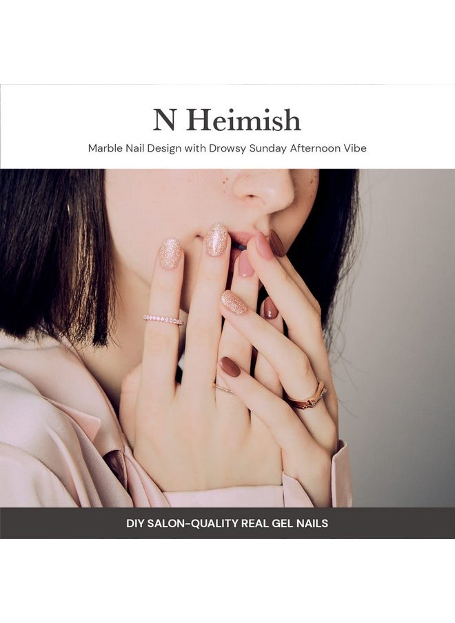 ohora Semi Cured Gel Nail Strips (N Heimish) - Brown, Glitter, Works with Any UV/LED Nail Lamps, Salon-Quality, Long Lasting, Easy to Apply & Remove - Includes 2 Prep Pads, Nail File & Wooden Stick