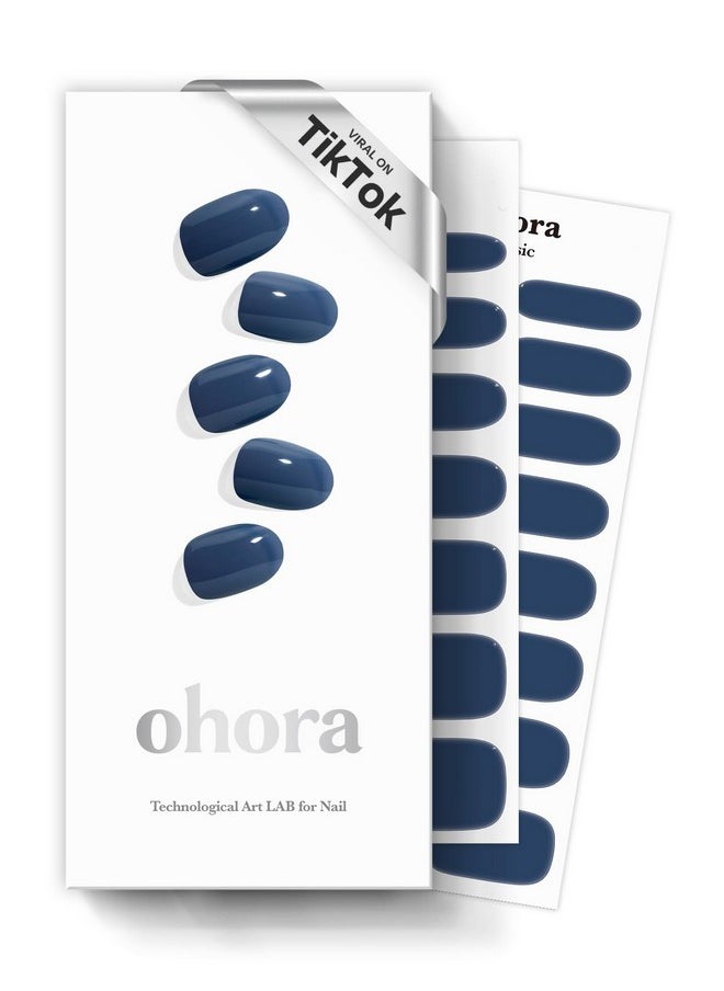 ohora Semi Cured Gel Nail Strips (N Cream Indigo) - Blue, Solid, Works with Any UV/LED Nail Lamps, Salon-Quality, Long Lasting, Easy to Apply & Remove - Includes 2 Prep Pads, Nail File & Wooden Stick