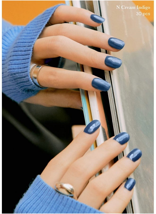 ohora Semi Cured Gel Nail Strips (N Cream Indigo) - Blue, Solid, Works with Any UV/LED Nail Lamps, Salon-Quality, Long Lasting, Easy to Apply & Remove - Includes 2 Prep Pads, Nail File & Wooden Stick