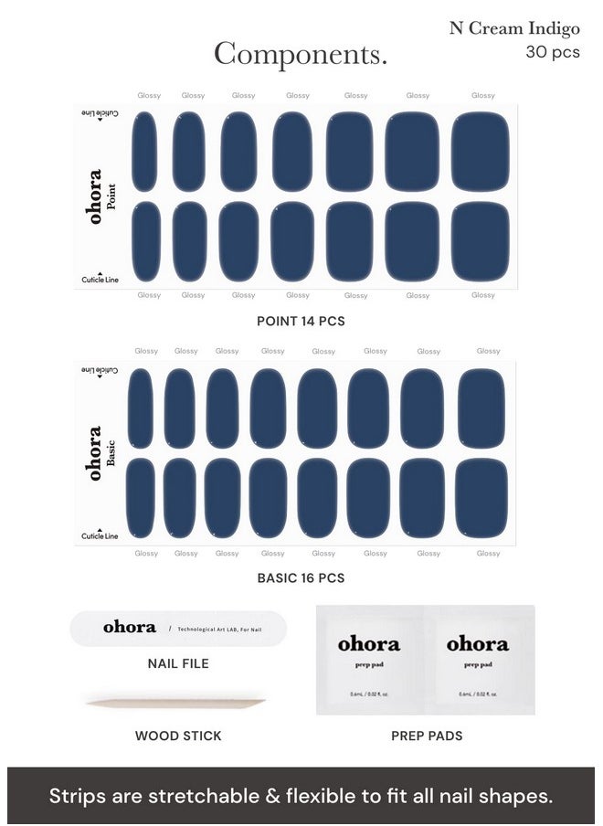 ohora Semi Cured Gel Nail Strips (N Cream Indigo) - Blue, Solid, Works with Any UV/LED Nail Lamps, Salon-Quality, Long Lasting, Easy to Apply & Remove - Includes 2 Prep Pads, Nail File & Wooden Stick