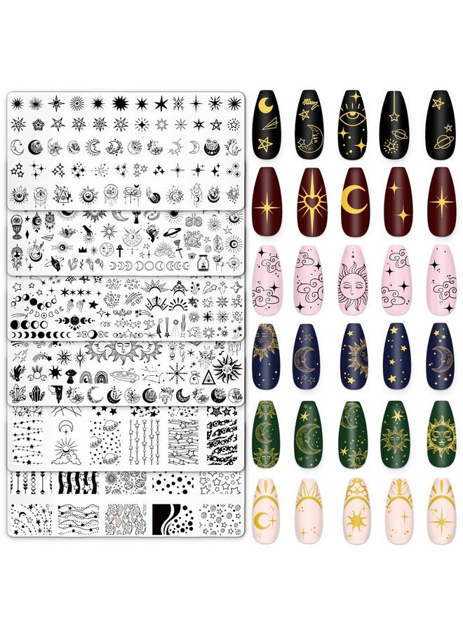 Whaline 6Pcs Sun Moon Star Nail Plates Stamping Set Groovy Stamp Templates Nail Art Plates for DIY Print Manicure Salon Design Gift Supplies
