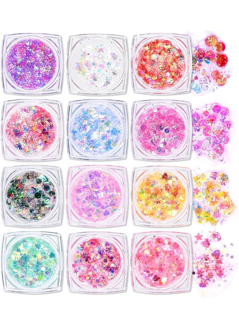 Ownest 12 Colors Holographic Chunky Glitter Gel Set, Christmas Party Makeup Face Body Eye Lips Hair Nail Cosmetic Festival Chunky Glitter Eyeshadow, Mixable, No Need Glue