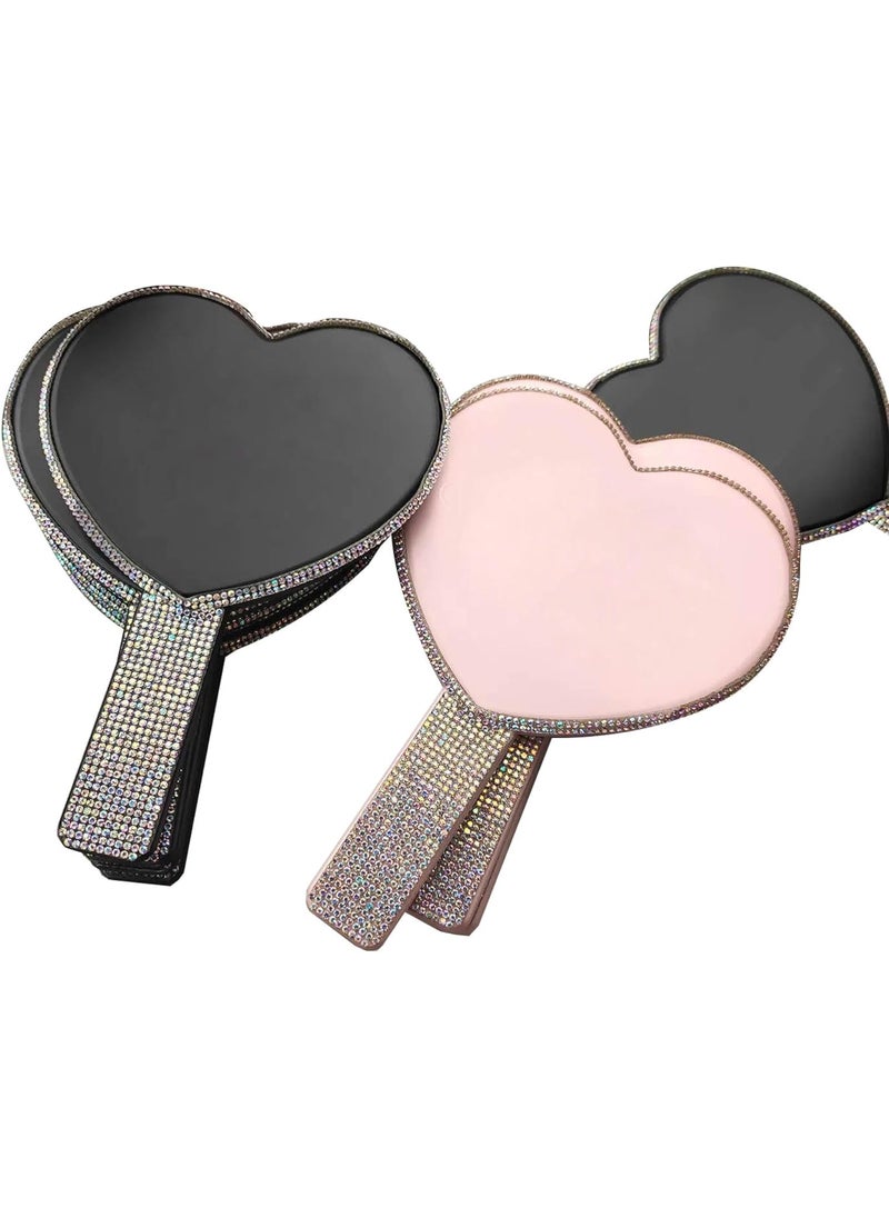 Luxury 2 Pc Bling Diamond Rhinestone Heart Shaped Handheld Cosmetic Travel Mirror (Pink and Black)