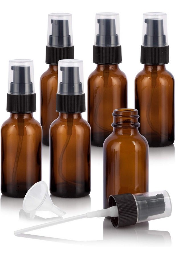 JUVITUS 1 oz / 30 ml Amber Glass Boston Round Bottle with Black Treatment Pump (6 Pack) + Funnel Refillable Empty Storage Containers