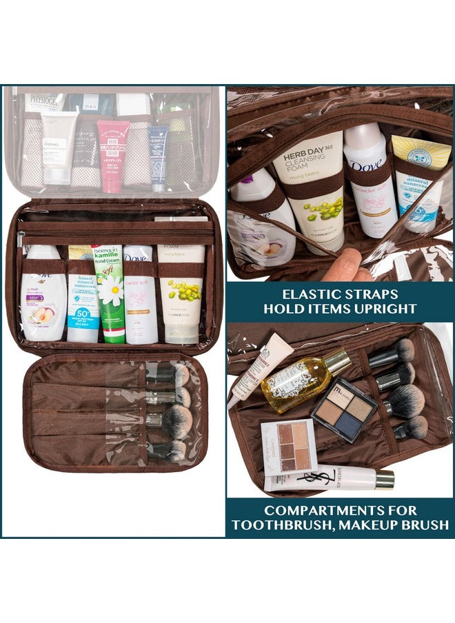 PAVILIA Hanging Toiletry Bag Women Men, Foldable Cosmetic Organizer Travel Bag, Water Resistant Makeup Bag Toiletries, Large Travel Essentials Kit (Dark Brown)