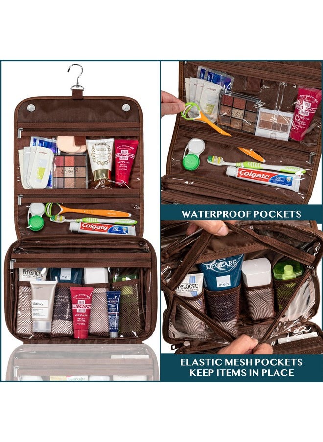 PAVILIA Hanging Toiletry Bag Women Men, Foldable Cosmetic Organizer Travel Bag, Water Resistant Makeup Bag Toiletries, Large Travel Essentials Kit (Dark Brown)