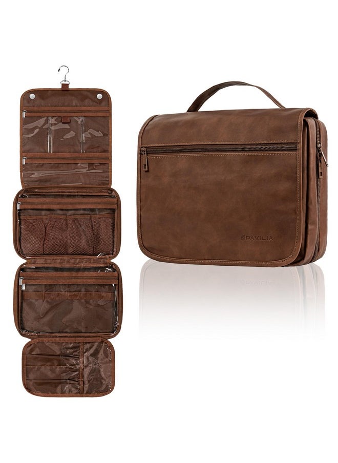 PAVILIA Hanging Toiletry Bag Women Men, Foldable Cosmetic Organizer Travel Bag, Water Resistant Makeup Bag Toiletries, Large Travel Essentials Kit (Dark Brown)