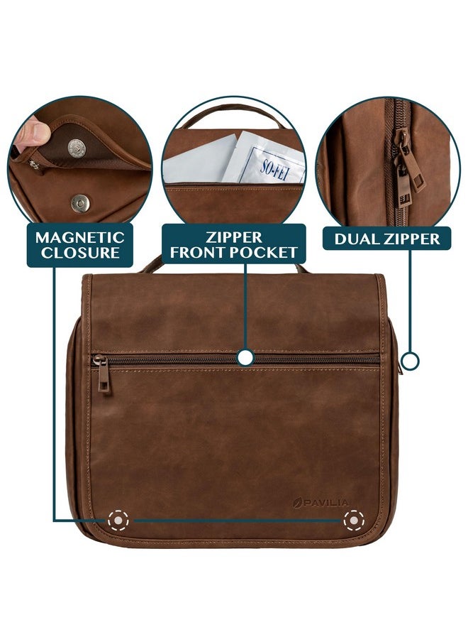 PAVILIA Hanging Toiletry Bag Women Men, Foldable Cosmetic Organizer Travel Bag, Water Resistant Makeup Bag Toiletries, Large Travel Essentials Kit (Dark Brown)