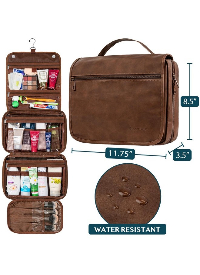 PAVILIA Hanging Toiletry Bag Women Men, Foldable Cosmetic Organizer Travel Bag, Water Resistant Makeup Bag Toiletries, Large Travel Essentials Kit (Dark Brown)