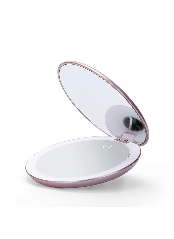 Fancii LED Lighted Travel Makeup Mirror, Rechargeable with 10x/1x Magnifying & 3 Light Settings - Compact, Portable, Large 5” Wide Hand Mirror for Handbag and Purses (Rose Gold)