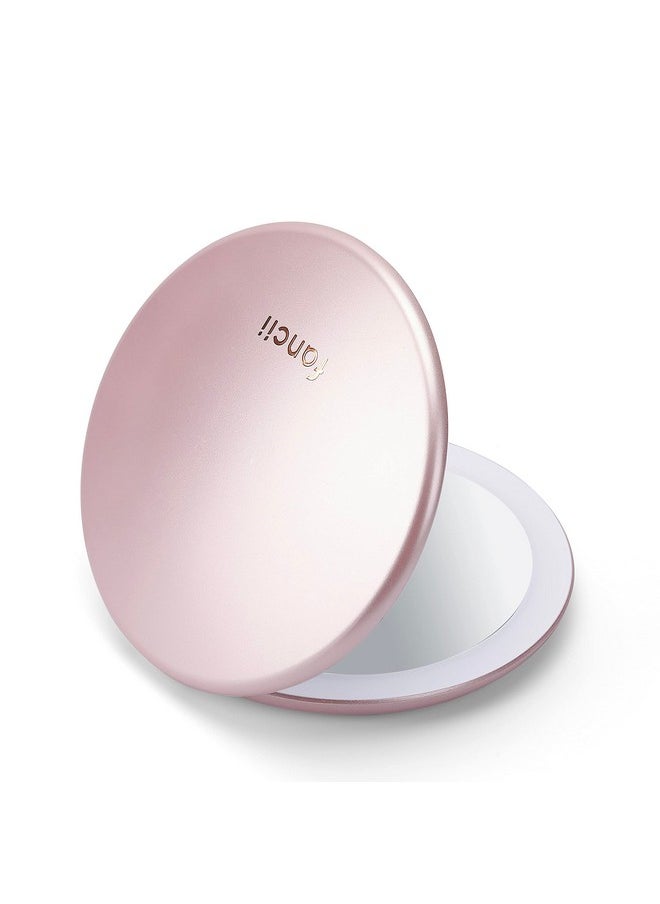 Fancii LED Lighted Travel Makeup Mirror, Rechargeable with 10x/1x Magnifying & 3 Light Settings - Compact, Portable, Large 5” Wide Hand Mirror for Handbag and Purses (Rose Gold)