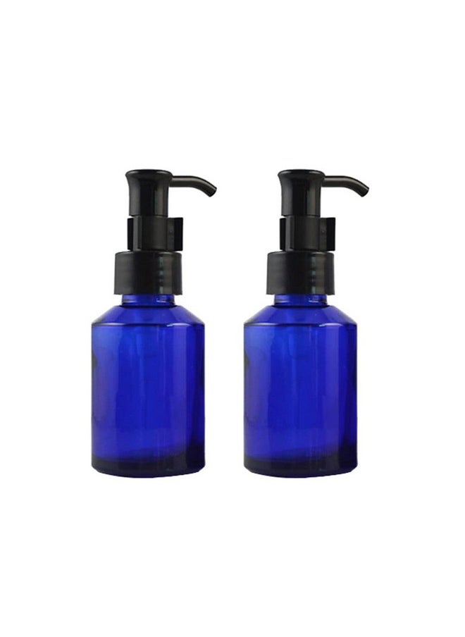 QUUPY 2PCS 60ml Upscale Refillable Cobalt Glass Lotion Pump Bottle with Black Lock Dispenser Toiletries Bottle Cosmetic Container Jar Pot for Cream Essence Shampoo Body Wash