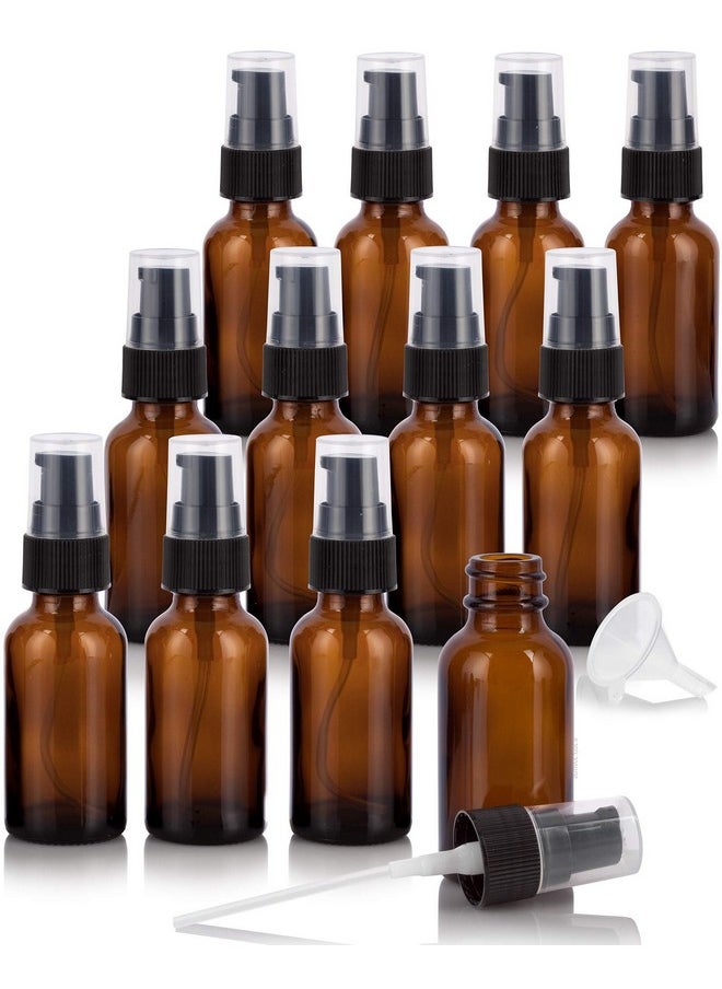 JUVITUS 1 oz / 30 ml Amber Glass Boston Round Bottle with Black Treatment Pump (12 pack) + Funnel Refillable Empty Storage Containers